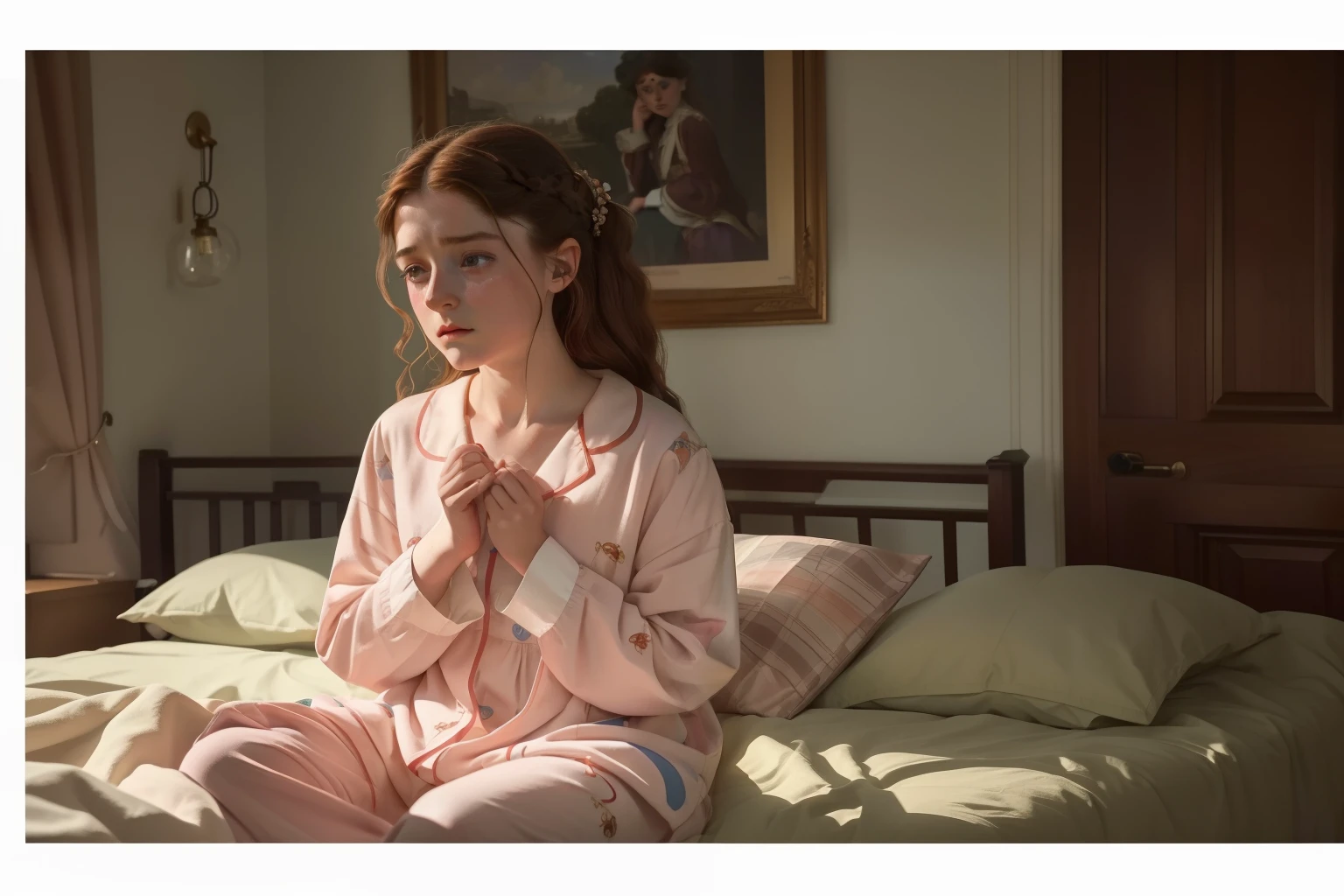year: 2023. Location: England. Pre-Raphaelite scene with a 30-year-old Thomasin McKenzie, hospital pyjammas, sad, crying, big tears, ((((Clothing from the 2020s)))) ((Hairstyle of the 2020s)), ((("OMITB" cinematography)))