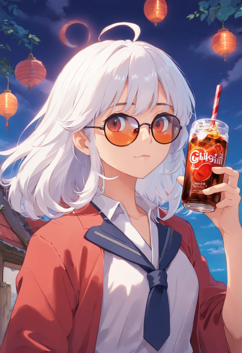 white  hair、ember、Gakuran Uniform、sunglasses、Holding a cola in your hand
