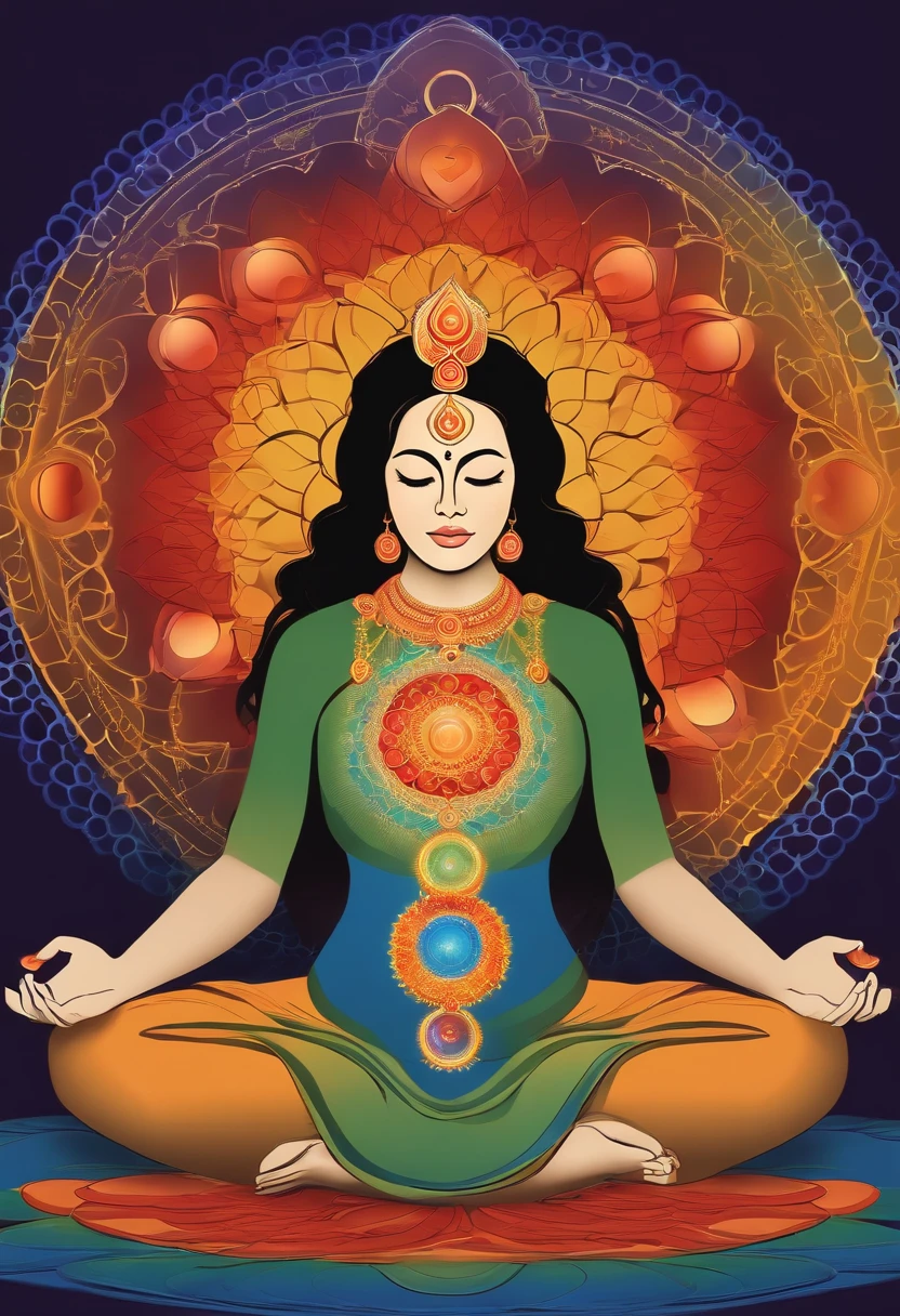 The image shows a person sitting in a lotus position, With her eyes closed and her hands on her legs. Ao redor da pessoa, There are seven colored circles, cada um representando um chakra. The root chakra is red, The sacral chakra is orange, The Solar Plexus Chakra is yellow, The heart chakra is green, The throat chakra is light blue, The forehead chakra is indigo blue and the crown chakra is violet. Each circle is associated with a symbol, which is shown in the center of the circle.