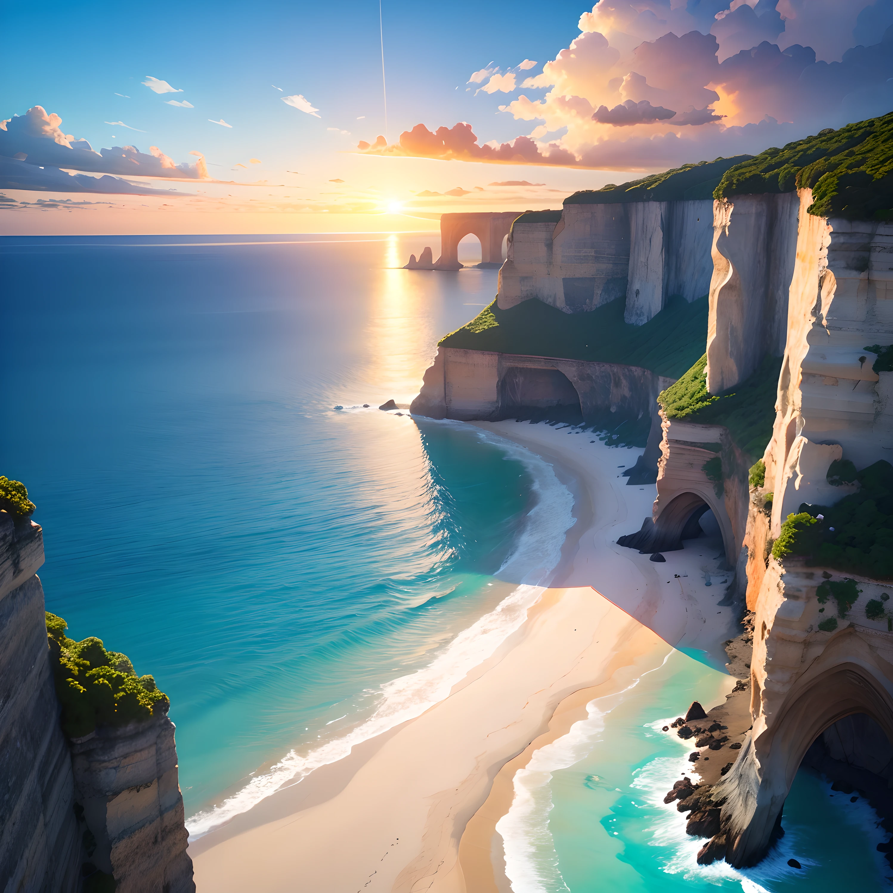 Calm, clear, blue water, perfect sand, tropical paradise, cliffs in the background, sunrise