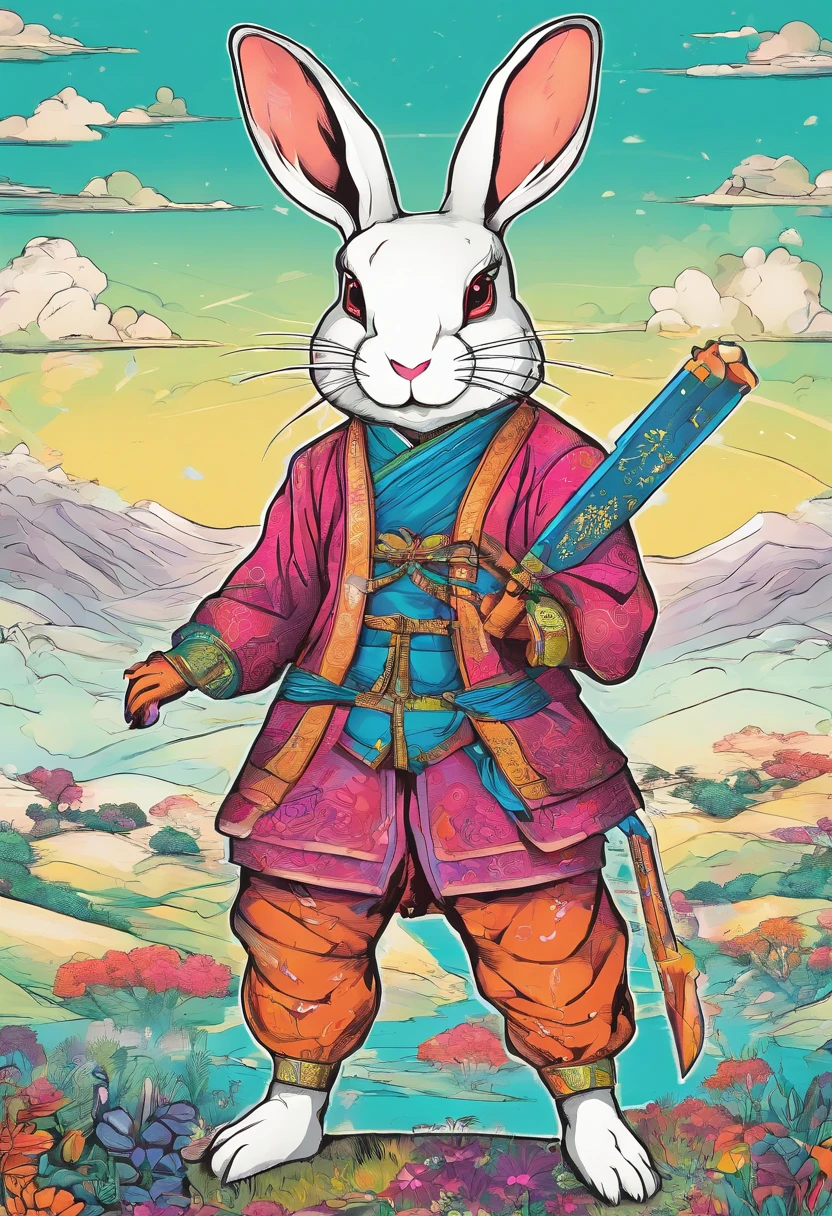 Beautiful rabbit,anthropomorphic turtle,Fantastical colors,Stand on the steppe with your hands crossed,great outdoors