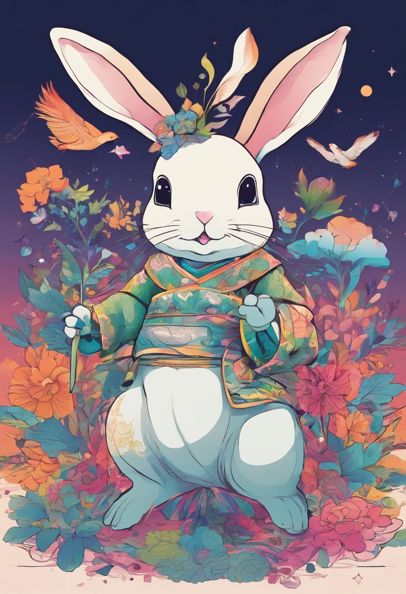 Beautiful rabbit,anthropomorphic turtle,Fantastical colors,Stand on the steppe with your hands crossed,great outdoors