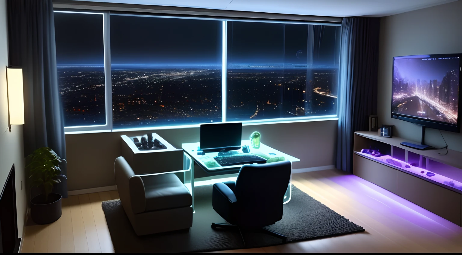 At night, the gamer's room transforms into an even more magical and engaging environment. The detail lights, now more intense, create a vibrant and modern environment, which invites you to play games or have fun with friends. The panoramic view from the large transparent glass windows blends with the night lights of the city or nature, creating an even more enchanting atmosphere. The surrounding darkness seems to invite you into a world of designer graphics and adventures. The designer graphics corner stands out even more under the night lights, with its modern equipment and backlit computer controls. The comfortable sofa now looks even cozier, ideal for relaxing and playing for hours. The bed is surrounded by night lights, which create a relaxing and comforting atmosphere, perfect for sleeping well. The study table now seems even more suitable for focusing and create something in a quiet and inspiring environment. In the room, the night becomes even more magical and exciting, inviting you to immerse yourself in a world of games, fun and contemplation.