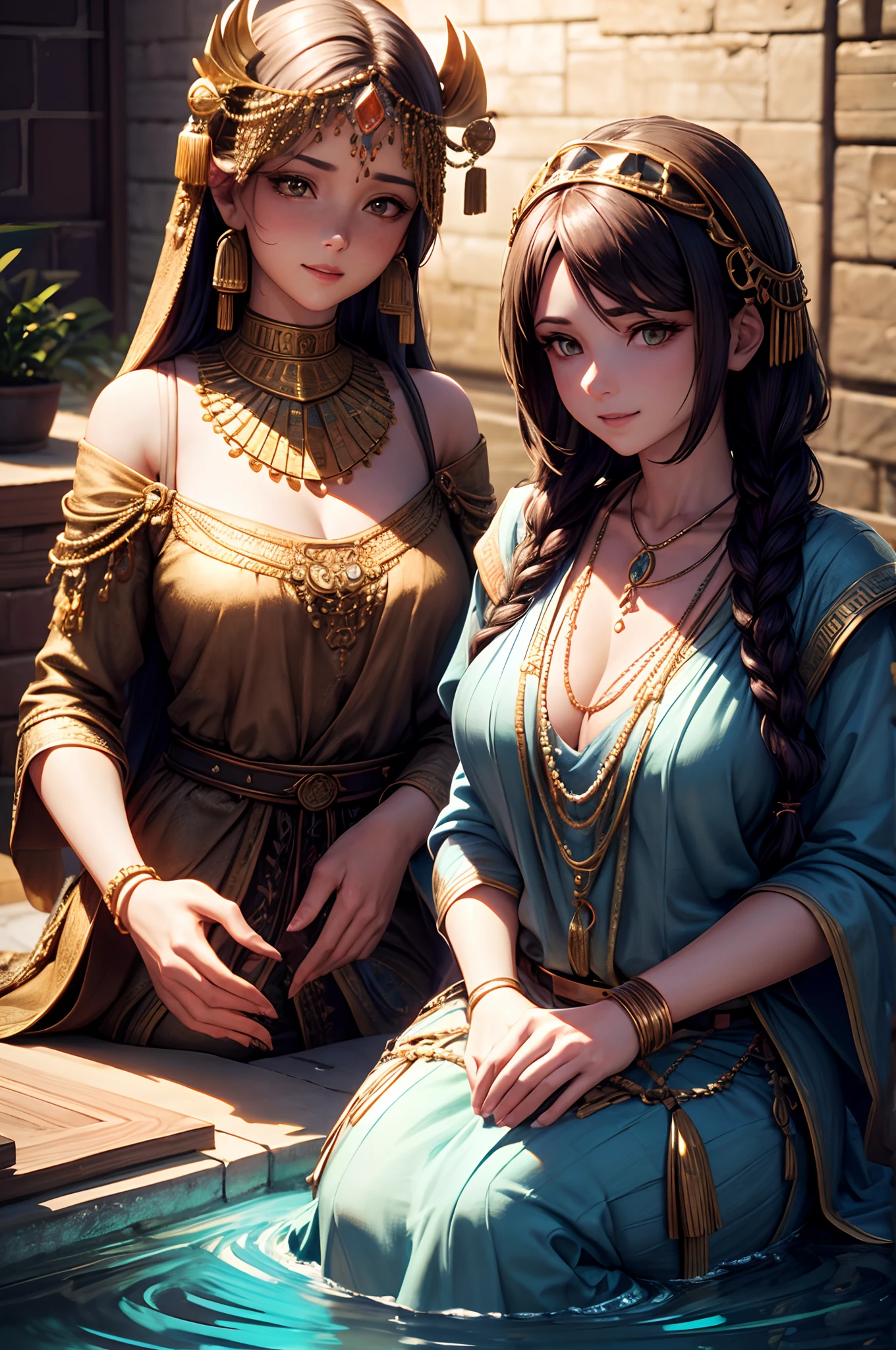 high quality, ultra-realistic, closeup portrait of two Beautiful women of ancient Mesopotamia, leering:1.4,dynamic pose,ancient Mesopotamian civilization, Babylonia, Uruk, tunics of various lengths, linen garments, agate necklaces,translucent paisley clothing, Kaunakes, bronze ware, a little smile, high adobe walls, luminism, 3d render, octane render, cinematic, Isometric, awesome full color, 8K Ultra HD, by yukisakura, high detailed,