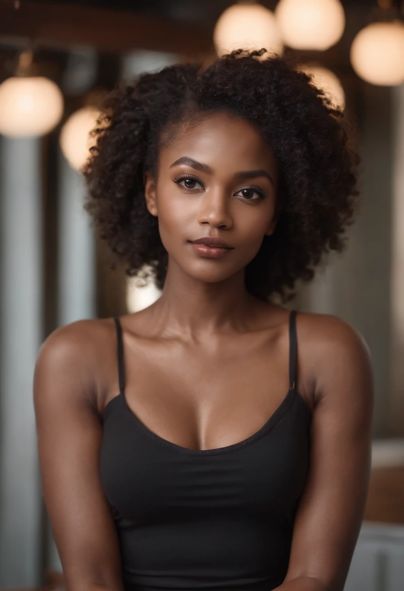 Beautiful dark light-skinned woman with a long kinky afro hairstyle, Front photo of the influencer looking left with her hands crossed and bent in front of her, Almost no emotion. Watch directly on camera. Arms are crossed in the front round rib cage,Leggings unis noir, Adjustment
In its manufacturing office (with a hot press). dans restaurant