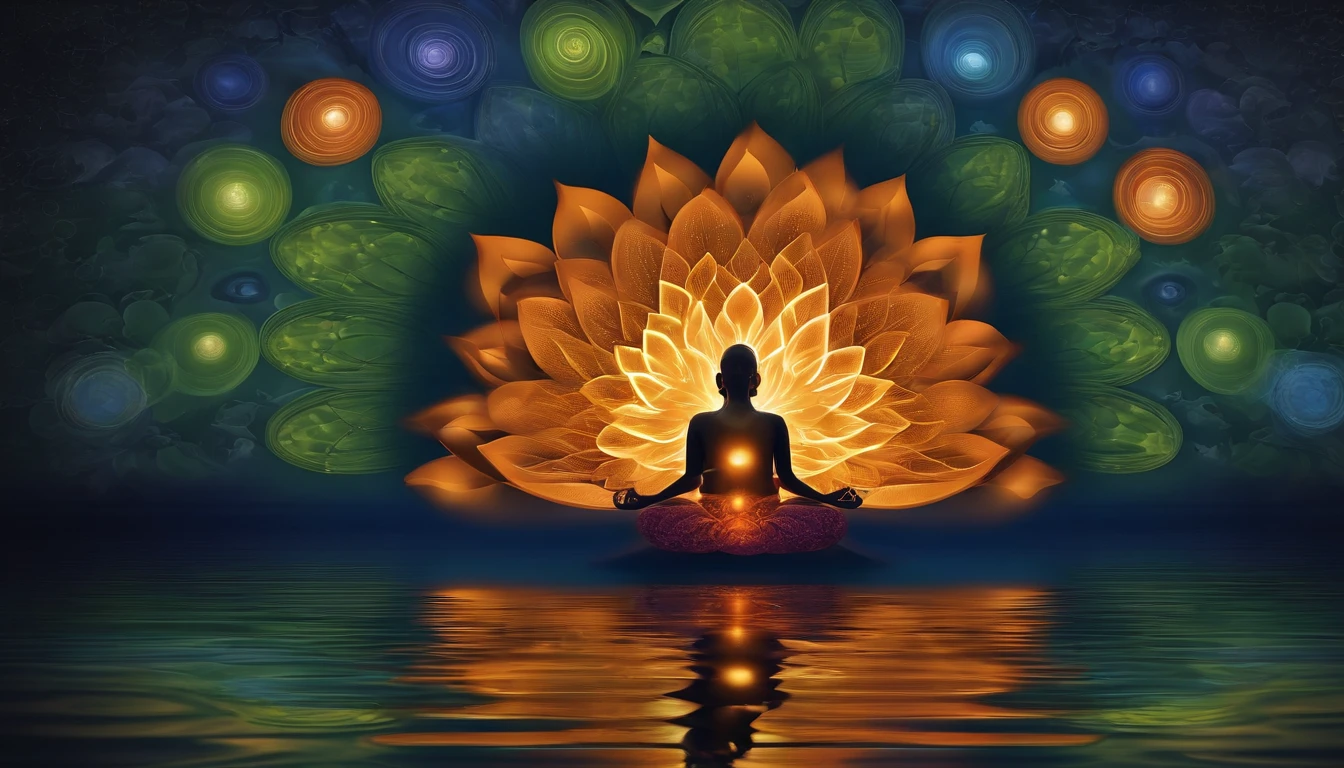 um flor de lotus em chama, a close-up of a reflection of fire and water on a surface, Jen Bartel, holy fire spell art, Dan Mumford e Alex Grey Estilo, Fire reflection, fire and water, Aura de poder. circunstanciado, solstice fire, holy flame spell, Directed by: Jason Benjamin, holy flame crown spell, digital illustration radiating, energy flows of water and fire, lotuses