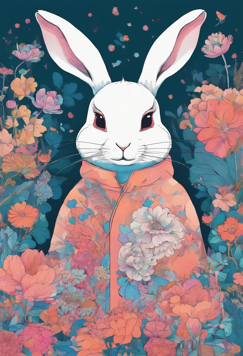 Beautiful rabbit，anthropomorphic turtle，Stand among the flowers