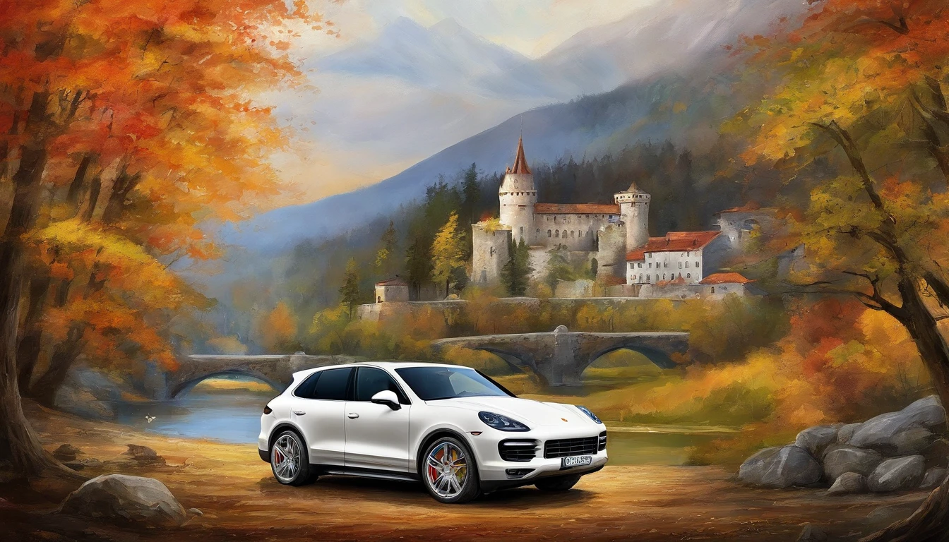Best quality, painting of a (White Porsche Cayenne), and Blueridge mountain scene with a river and trees, car centered Masterpiece, 超高分辨率, (photograph realistic:1.4), surrealism, Dream-like,fusionart, Shadowdancer, shadow magic,Red-eyed, Black-haired vampire，Dilapidated castle in the background