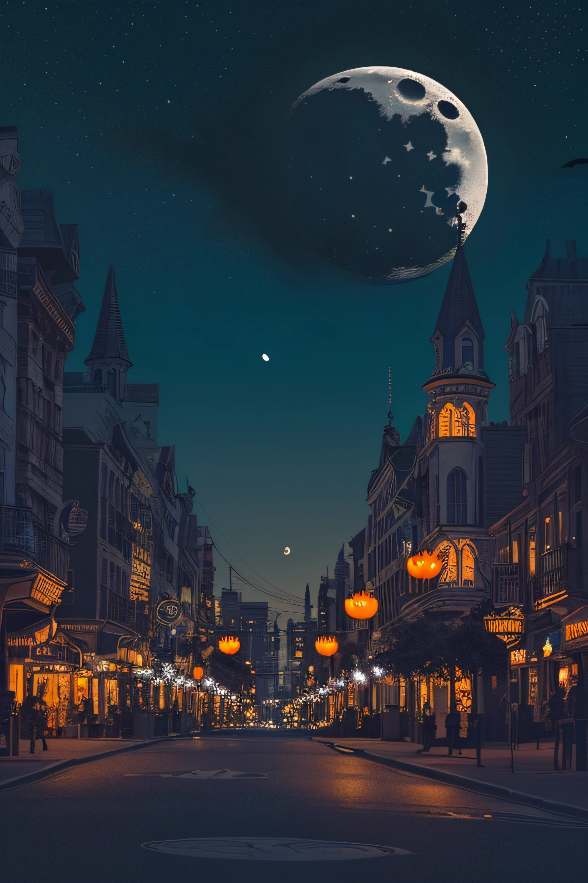 halloween city, decorated, night time, moon, stars