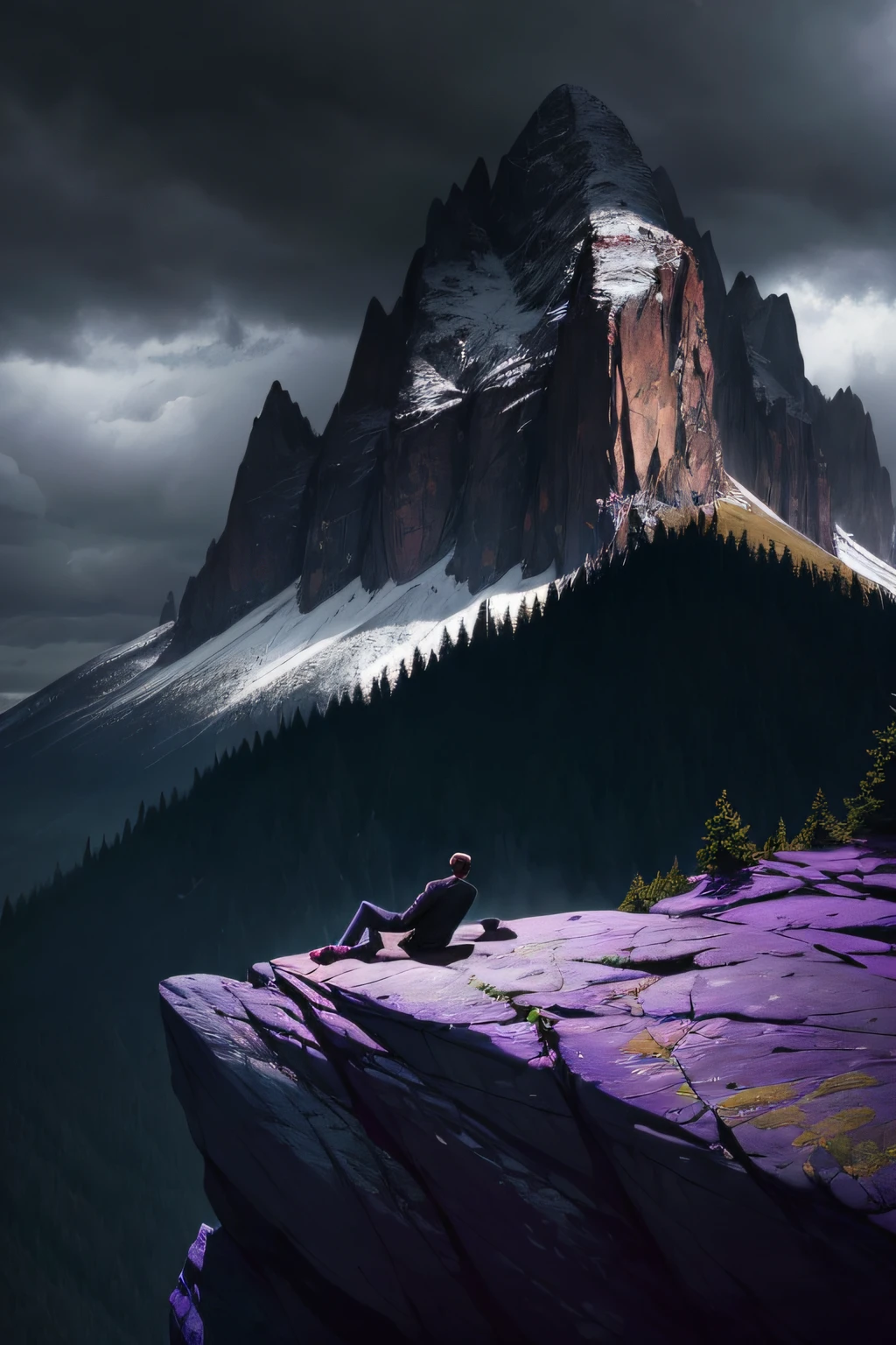 Dark skies，no sun，A man lies on a purple rock，mountain cliff，weeping