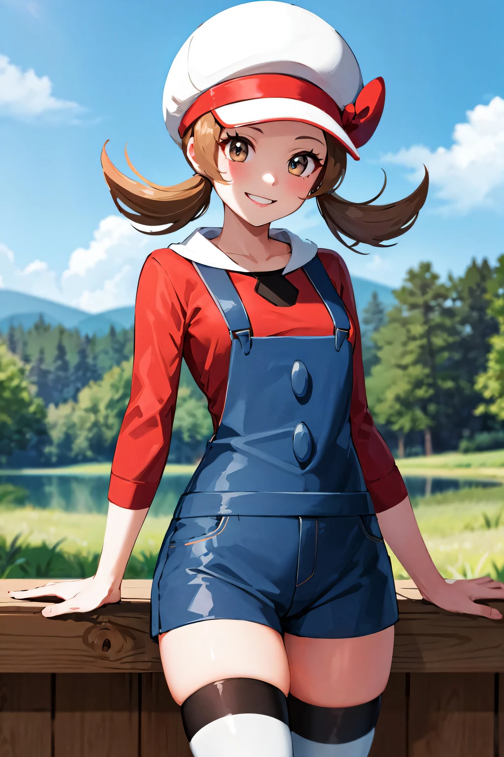 masterpiece, best quality, highres, ly01, overalls, white thighhighs, red bow, red shirt, white headwear, hat bow, eyelashes, cowboy shot, outdoors, smile,