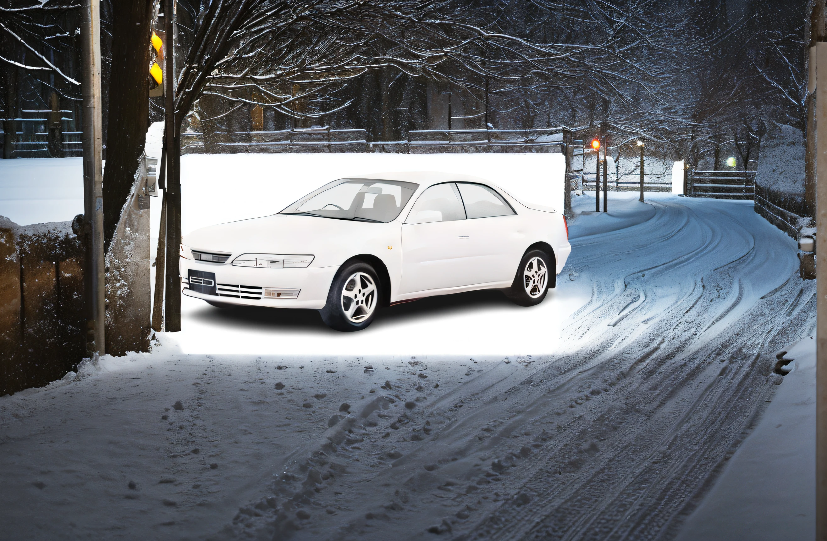 Night parking、Dark parking lot、Snow accumulates on the roof of a car、No person、canny、terrifying、a picture、crisp photos、Dark photograph、one car、Snow in the car、No lighting、midnight、murky、mid night