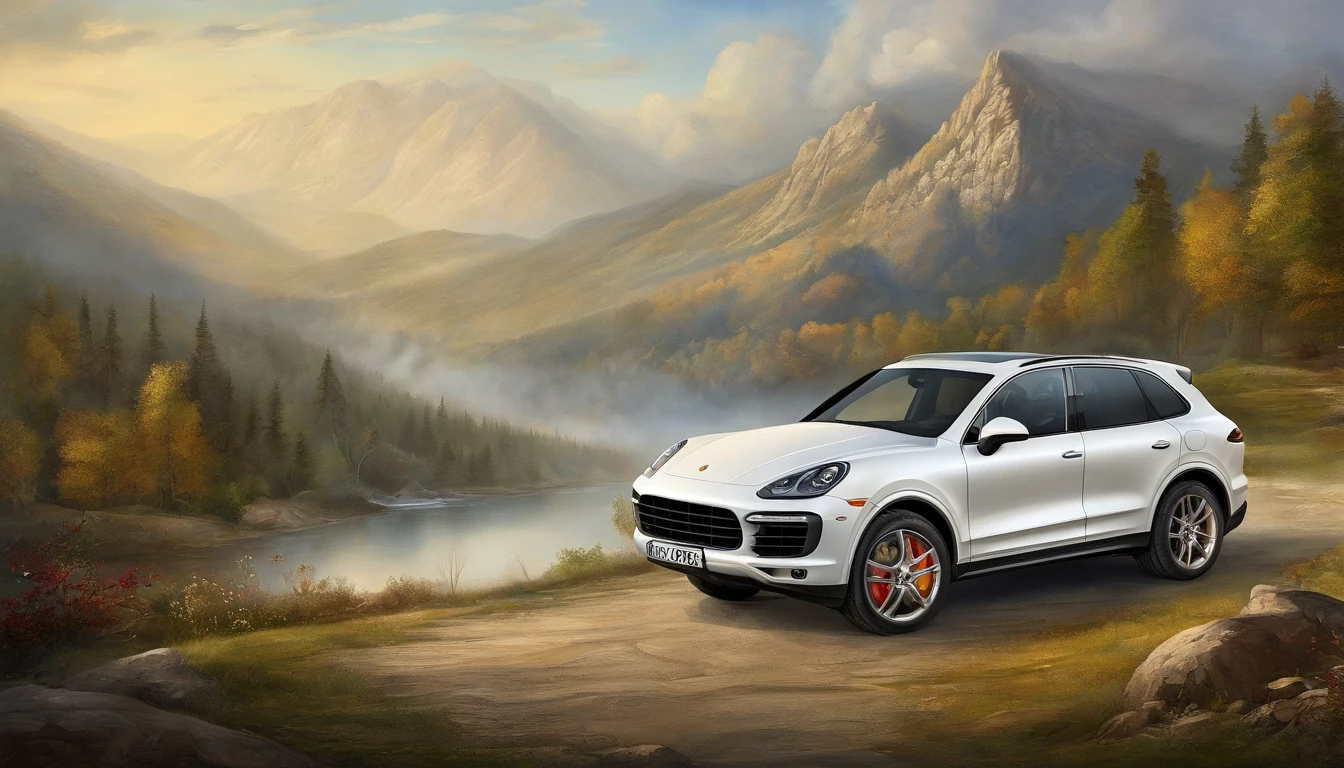 Best quality, painting of a (White Porsche Cayenne), and Blueridge mountain scene with a river and trees, car centered Masterpiece, 超高分辨率, (photograph realistic:1.4), surrealism, Dream-like,fusionart, Shadowdancer, shadow magic,Dilapidated castle in the background