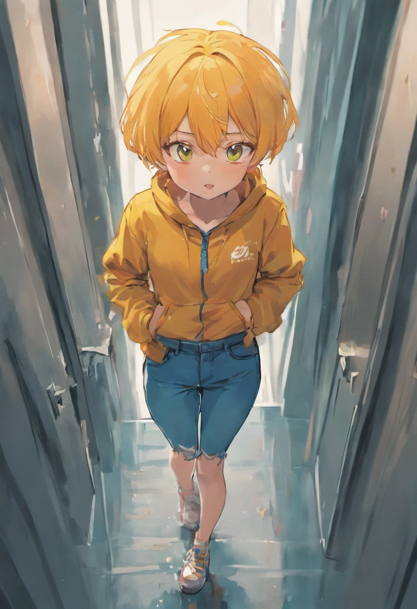 Masterpiece, best quality, sketch, a girl sitting in a chair desk, 1girl, li, solo, solo focus, blonde hair, yellow hair, green eyes, (oversized hoodie, white hoodie), bedroom, backlight, close view, from below, low perspective, (8k)