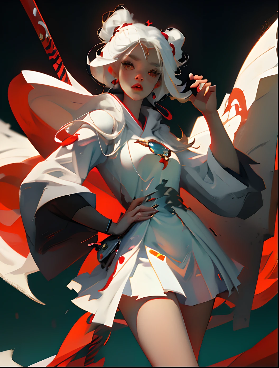 Anime style/s girl/Vain red eyes/white hair/White spartan robe/Handgun in hand/bare-legged