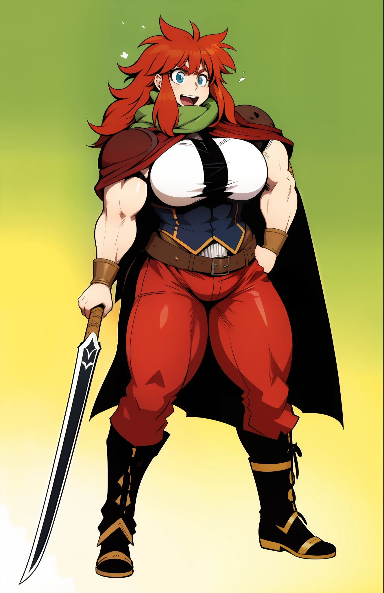 tomboy, guerrier, Berserker, Grande femme, muscular female, cheveux vivants, sauvage,, Medieval clothing, fantaisie, Arme fantastique, Huge-breasts, pantalon barbare, cheveux roux, sourire fou, bouche ouverte, biceps, cravate, thick arm, cheveux roux poilus, poils pubiens, Medieval, Medieval clothing, Medieval fantasy, corps complet, bikini, Armure de bikini, homme des cavernes,pantalon