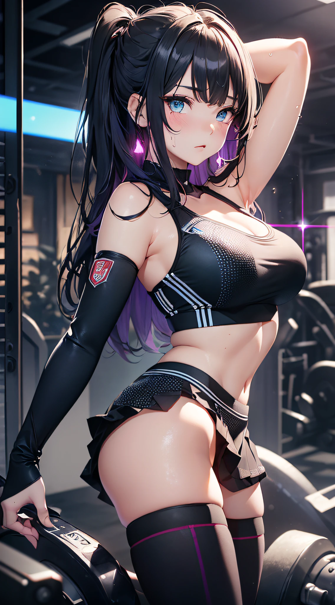 top-quality、Top image quality、​masterpiece、girl with((cute little、18year old、Best Bust、Medium bust、Bust 85,Beautiful blue eyes、Breasts wide open,Long Black Hair、A slender、Middle knot、Black Sports Bra、White short skirt,Reflecting the whole body、Black perforated gloves、Sweating、Tired face、Splattering sweat、all-fours、Emphasis on the buttocks)）hiquality、Beautiful Art、Background with((clubhouse、Blue lighting、Purple Laser Illumination、Red laser illumination,Yellow laser illumination,fitness club、natta、Virtual Worlds)),masutepiece、Elaborate design、visualart、depth of fields、The best lighting、highestdetailed、8ｋ,Super delicate