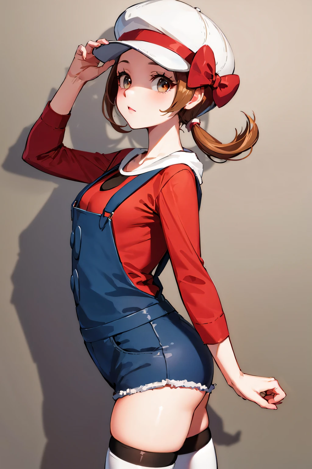 masterpiece, best quality, highres, ly01, overalls, white thighhighs, red bow, red shirt, white headwear, hat bow, eyelashes, from side