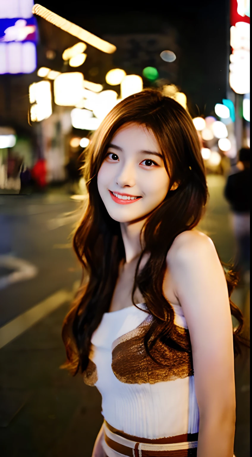 NSFW, NSFW :2.0, fully body photo:1.7、japanaese girl, night photo、Photo of two beautiful Japan women at the age of 24、brown haired、de pele branca、motion-blur、rembrant colorful theme、barechested、A smile