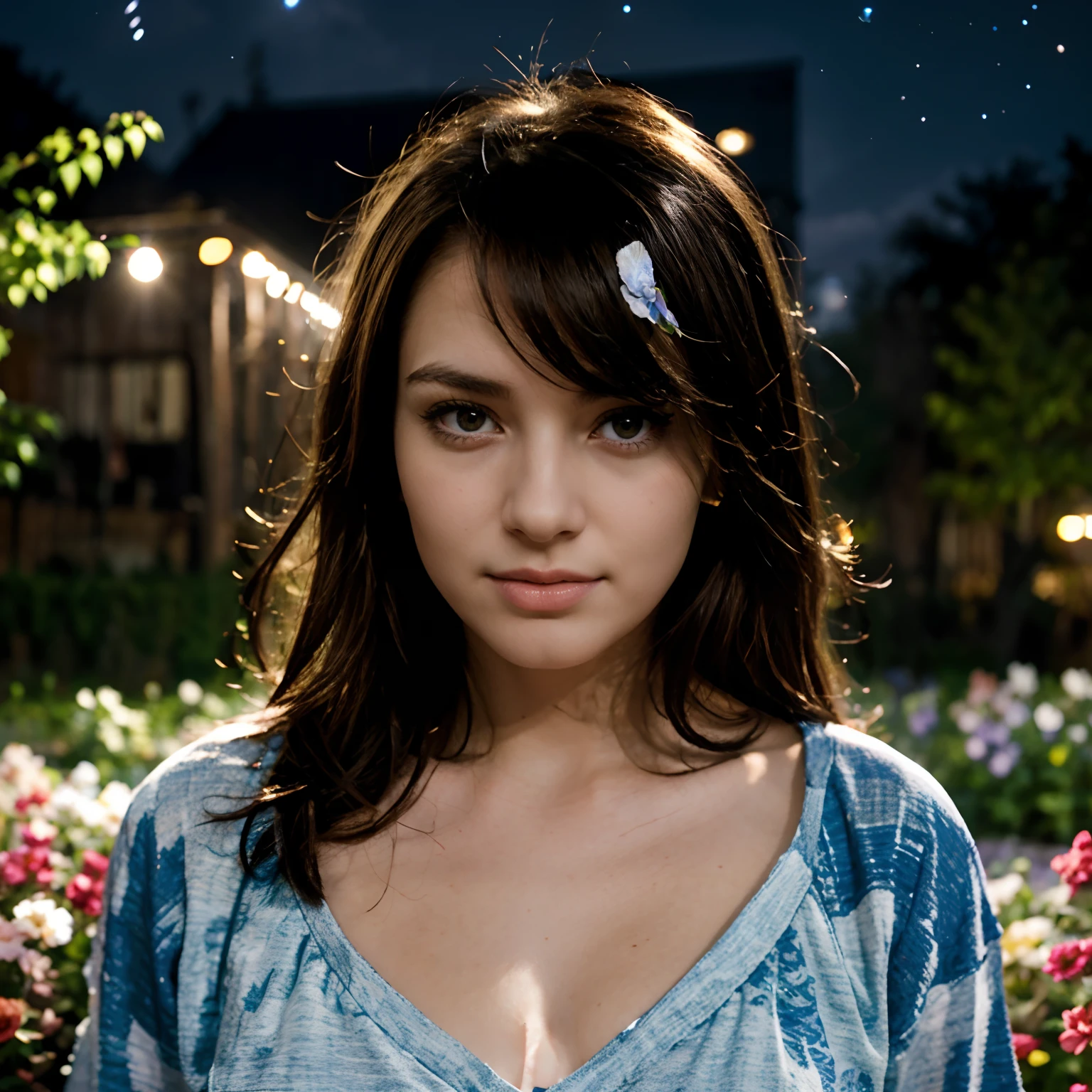 top quality, high_resolution, distinct_image, detailed background, girl, flower, garden, starry sky,