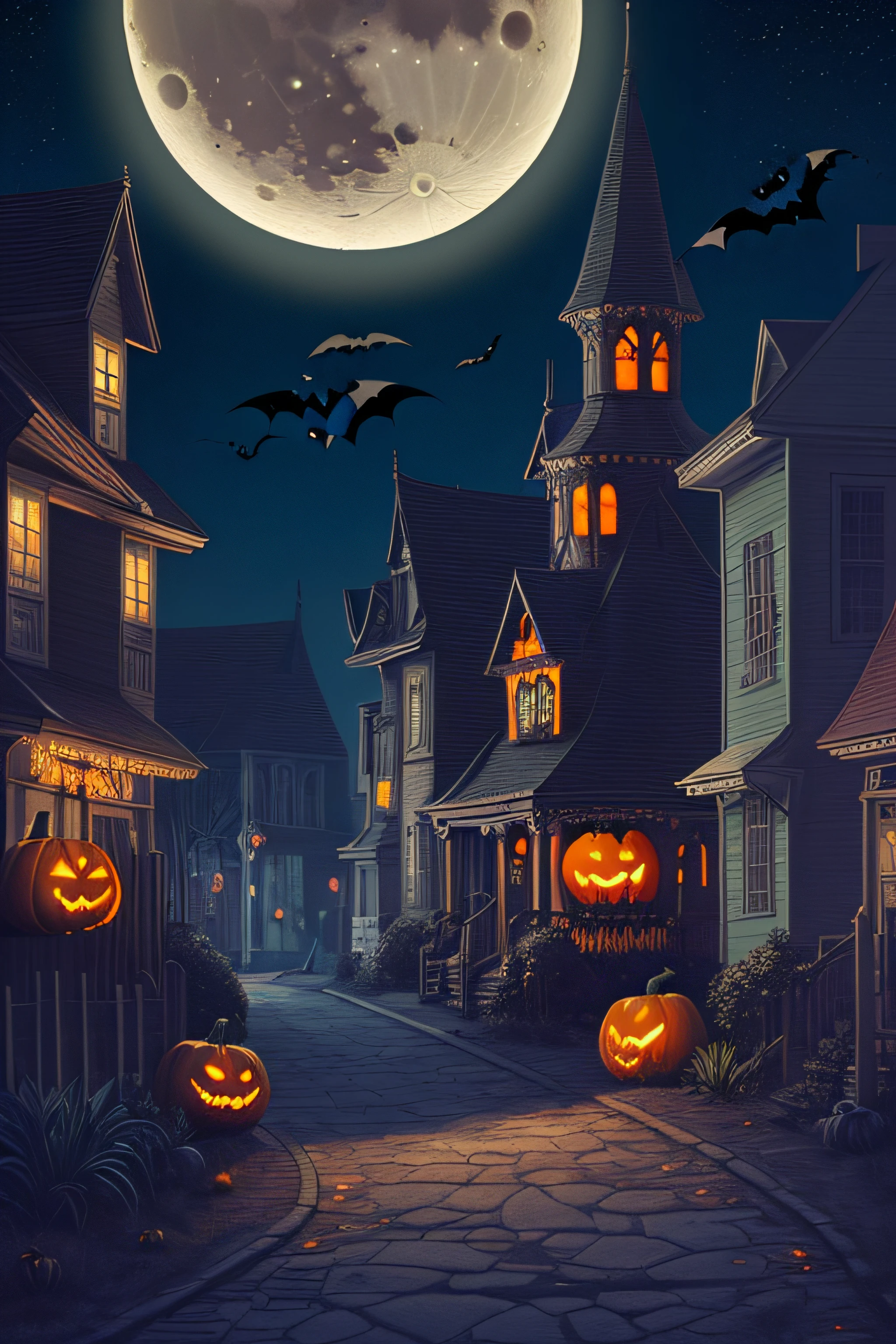 halloween city, decorated, night time, moon, stars, anime art-style