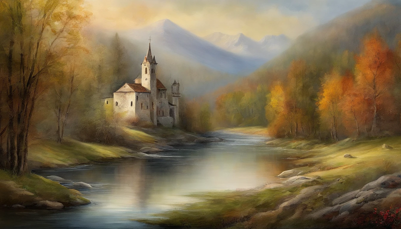 Best quality, painting of a (White Porsche Cayenne), and Blueridge mountain scene with a river and trees, car centered Masterpiece, 超高分辨率, (photograph realistic:1.4), surrealism, Dream-like,fusionart, Shadowdancer, shadow magic,Dilapidated castle in the background