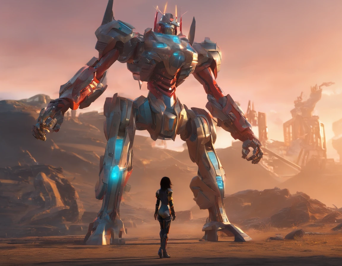 a woman standing in front of a giant robot, concept art by James Paick, cgsociety, afrofuturism, unreal engine 5, reimagined by industrial light and magic, cryengine
