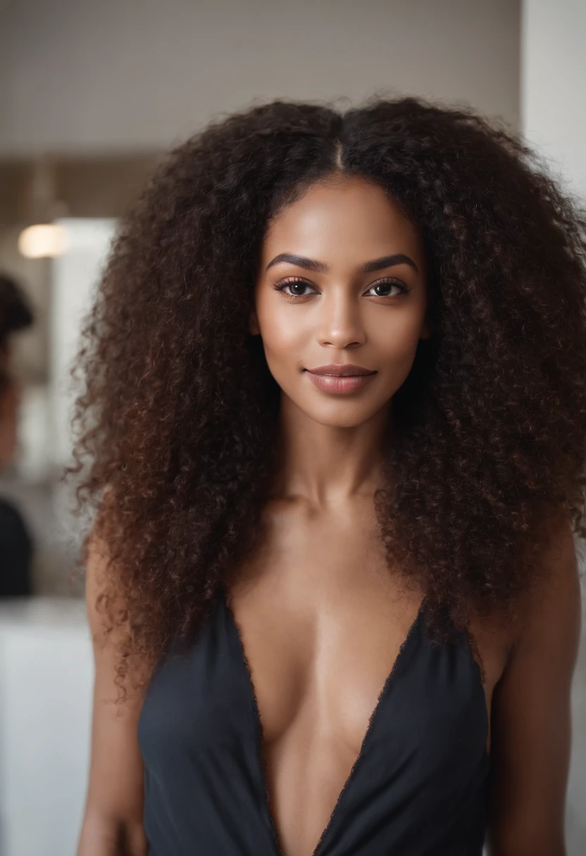 Beautiful dark light-skinned woman with a long kinky afro hairstyle, Front photo of the influencer looking at the camera with a big smile on her hands . Watch directly on camera.  Setting up In the manufacturing office (with a hot press)et situe dans un  restaurant