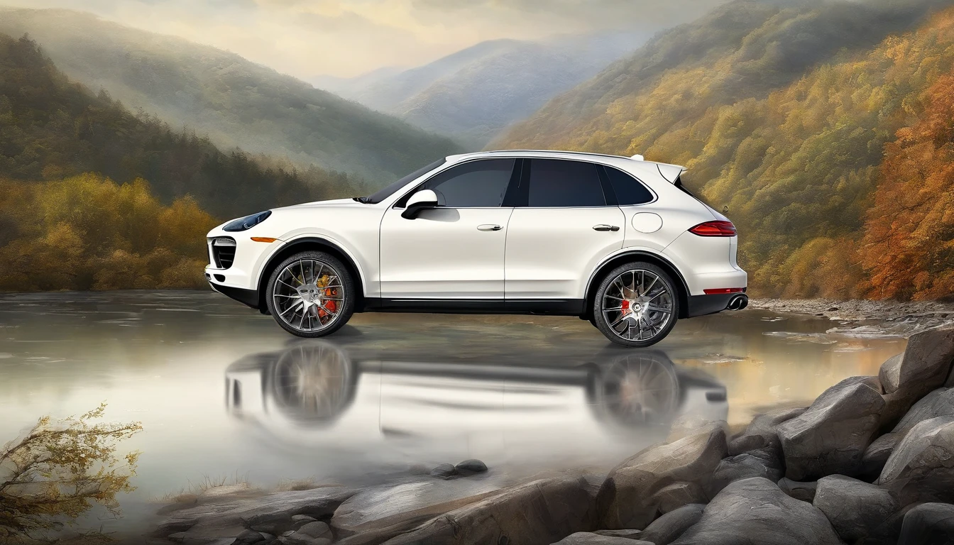 Best quality, painting of a (White Porsche Cayenne), and Blueridge mountain scene with a river and trees, car centered Masterpiece, 超高分辨率, (photograph realistic:1.4), surrealism, Dream-like,fusionart, Shadowdancer, shadow magic，Dilapidated castle in the background