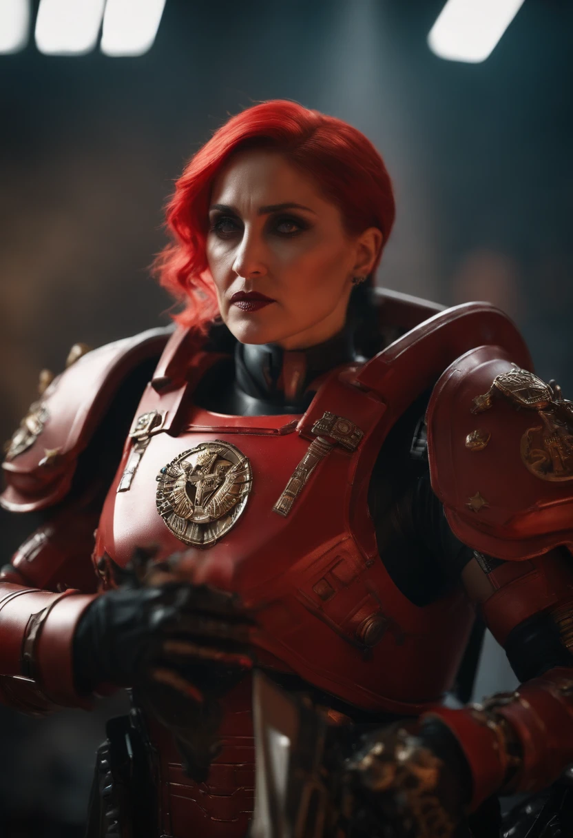 Singer Madonna as Highly realistic Marine Astartes, In your power armor armor color: red colour, ultra-realistic realism, Best quality, warhammer40k