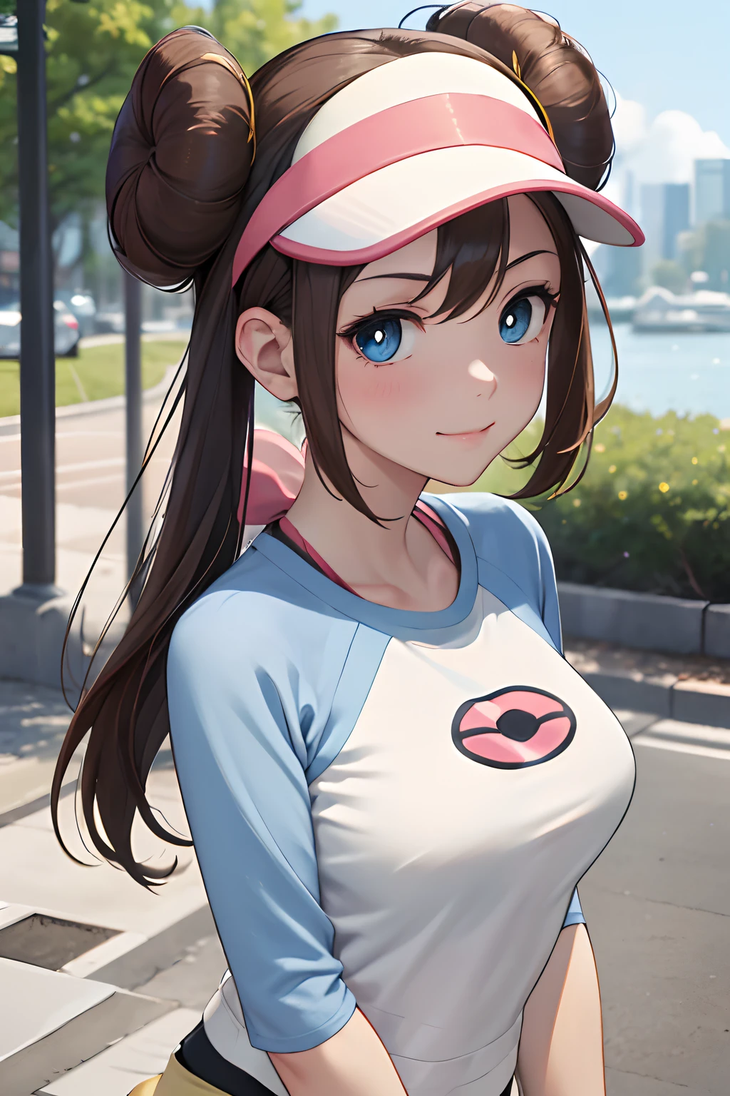 masutepiece, Sharp Focus, Realistic, ultra-detailliert, Beautiful Girl, (side lights:1.2), Smile, RO1, Hair bun, Blue eyes, Twin-tailed, Visor Cap, pantyhose, raglan sleeves, Yellow shorts, Shirt, pink bows, wrist watch, Full body, blush, Looking at Viewer