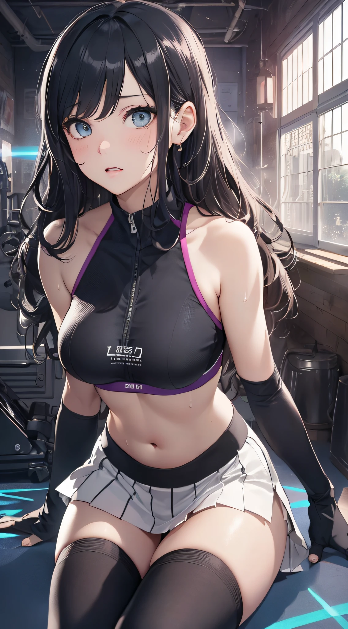 top-quality、Top image quality、​masterpiece、girl with((cute little、18year old、Best Bust、Medium bust、Bust 85,Beautiful blue eyes、Breasts wide open,Long Black Hair、A slender、Middle knot、Black Sports Bra、White short skirt,Reflecting the whole body、Black perforated gloves、Sweating、Tired face、Splattering sweat、all-fours、emphasis on the buttocks)）hiquality、Beautiful Art、Background with((clubhouse、Blue lighting、Purple Laser Illumination、Red laser illumination,Yellow laser illumination,fitness club、natta、Virtual Worlds)),masutepiece、Elaborate design、visualart、depth of fields、The best lighting、highestdetailed、8ｋ,Super delicate