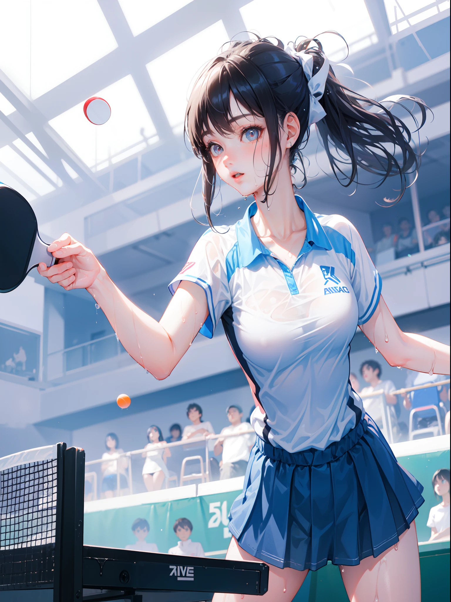 Female table tennis player,table tennis,age girl,At the table tennis venue,Cinematic Light,Detailed beautiful face,Cute face,small head,Detailed eyes,detailed hairs,Large breasts,Narrow waist,nice legs,detailed realistic skin,Wet skin,Sweat,Sporty,Cool,Beautiful