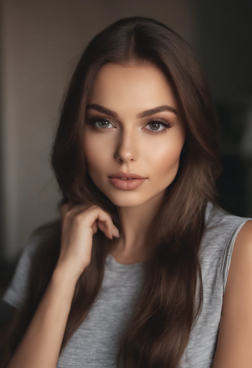 Arafed woman with matching tank top and panties, Sexy girl with brown eyes, portrait sophie mudd, brown hair and big eyes, Selfie einer jungen Frau, Augen im Schlafzimmer, Violet Myers, ohne Make-up, Natural makeup, Blick direkt in die Kamera, Gesicht mit Artgram, dezentes Make-up, Stunning full body shot, Spaltung, am Esstisch sitzen