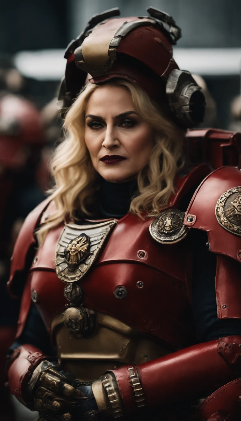 Singer Madonna as Highly realistic Marine Astartes, In your power armor armor color: red colour, ultra-realistic realism, Best quality, warhammer40k