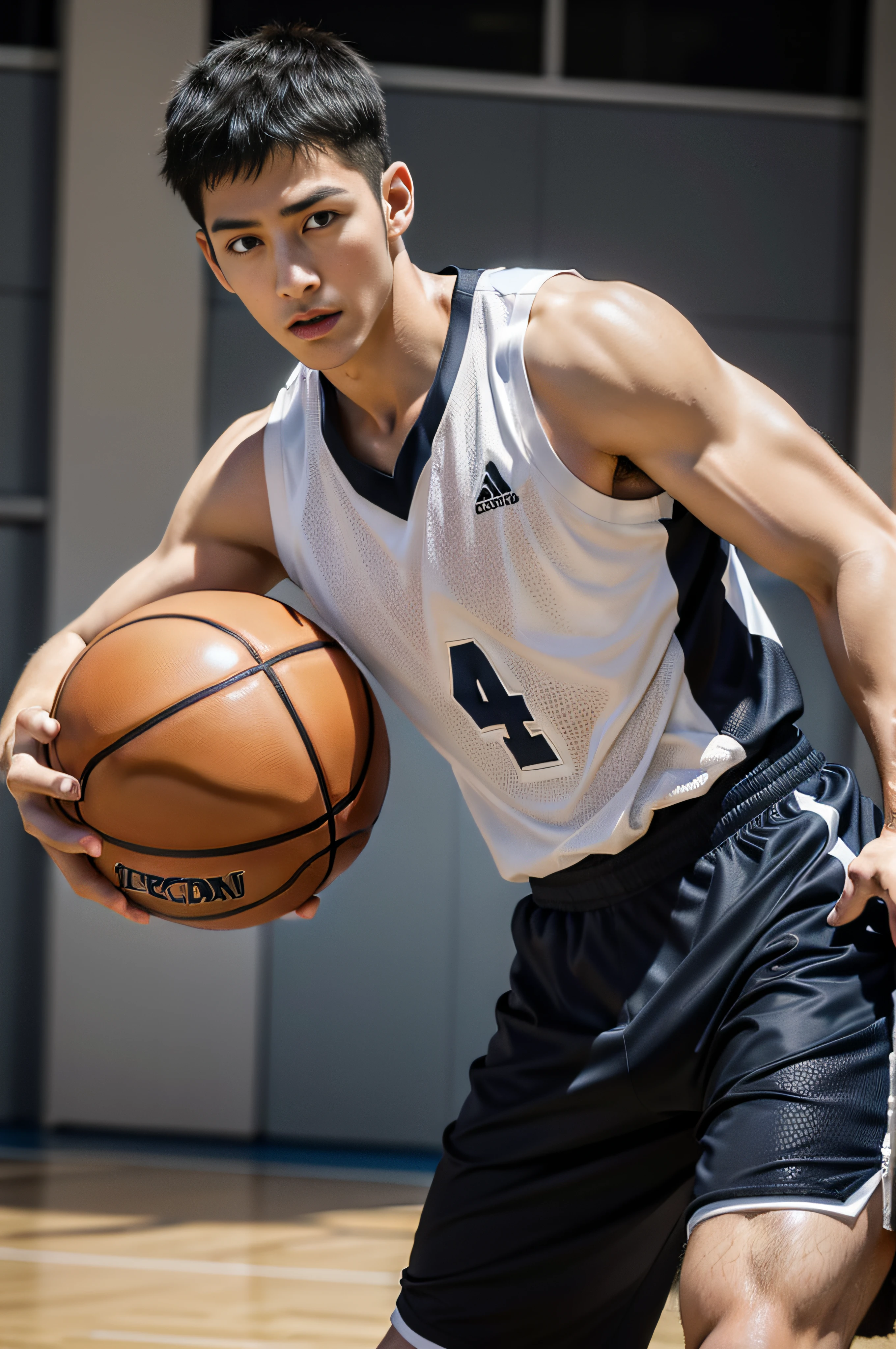 Boy playing basketball on basketball court，sweat leggs，Photos during exercise，Basketball costumes，Masculine，Exquisite facial features，virile，musculature，rich facial detail（（The crotch is raised））closeup cleavage