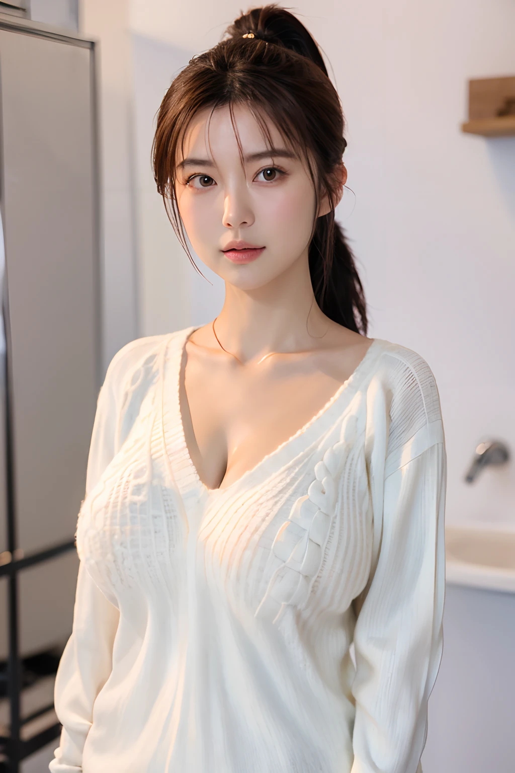 (Best Quality,8K,nffsw:1.2),cowboy  shot,(cute Japanese girls),((Deep cleavage、Heavy, drooping, Huge breasts:1.32)),(White V Neck Knit Sweater:1.6),(Ponytail),Arms behind your head