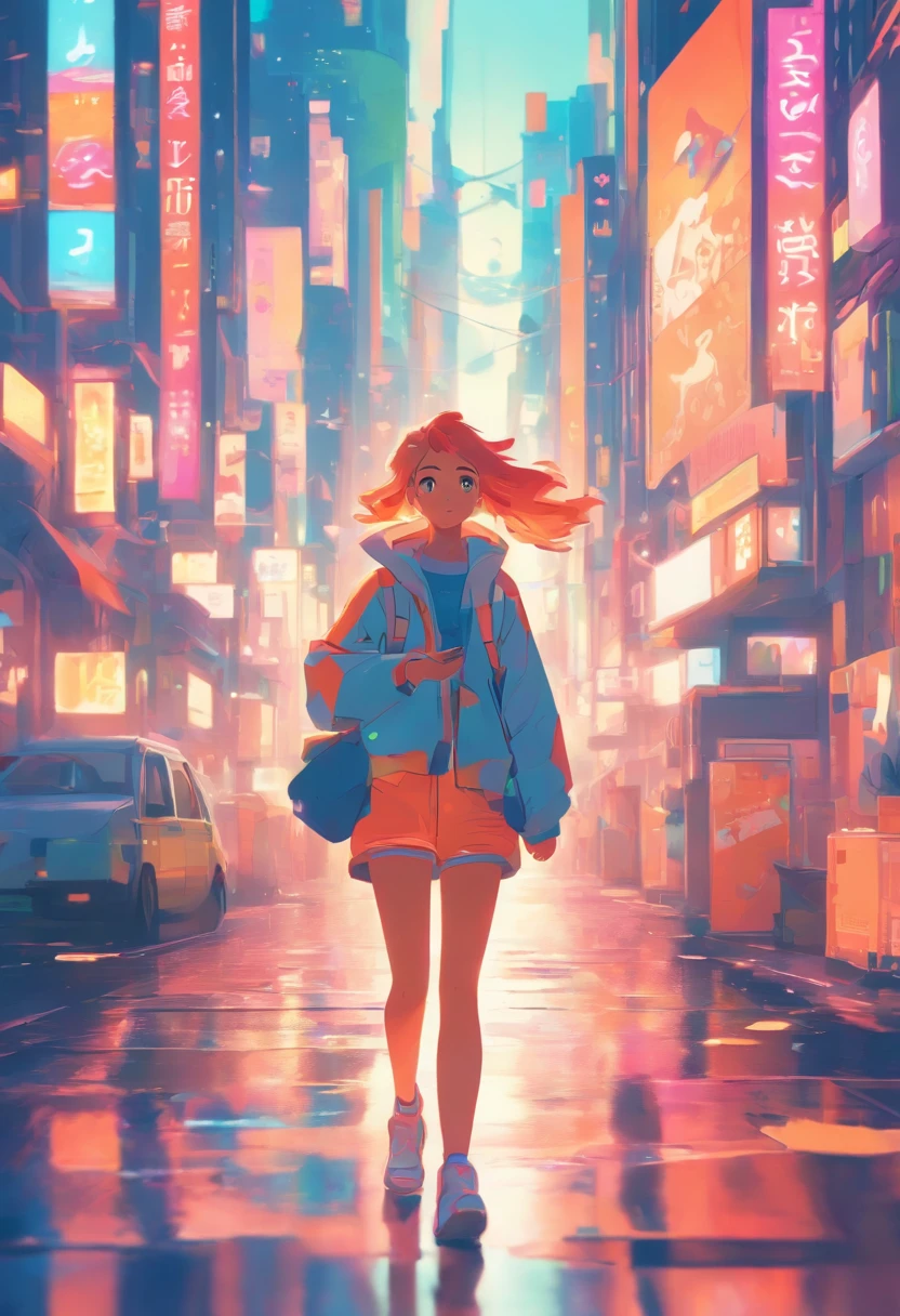 illustration of a woman walking through a city with various objects, editorial illustration pastelcolor, in style of james gilleard, illustration style, james gilleard artwork, flat illustration, in style of digital illustration, magazine illustrations, editorial illustration, digital illustration -, #illustration, magazine illustration, inspired by James Gilleard, modern illustration, illustration | rutkowski, stylized digital illustration
