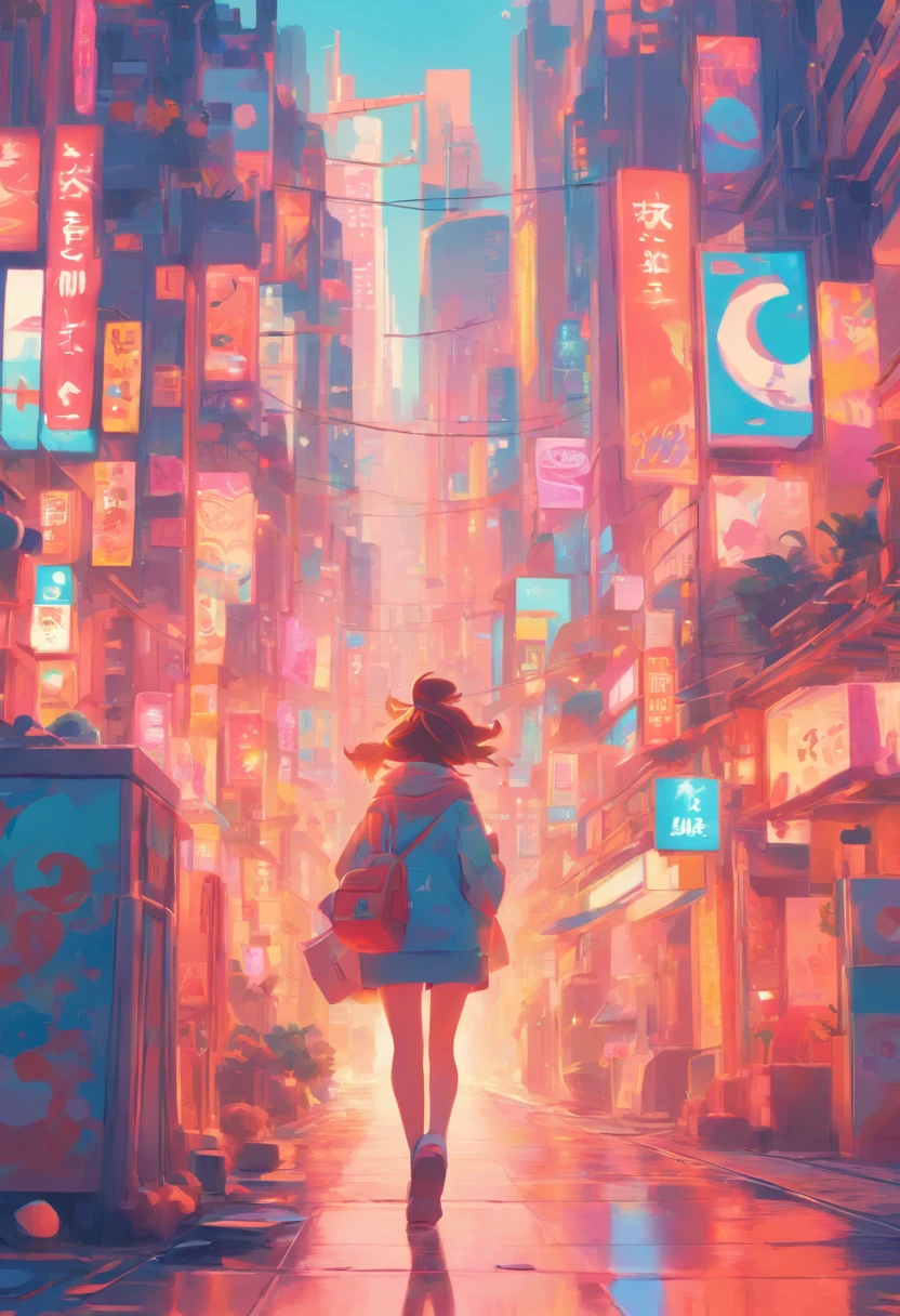 illustration of a woman walking through a city with various objects, editorial illustration pastelcolor, in style of james gilleard, illustration style, james gilleard artwork, flat illustration, in style of digital illustration, magazine illustrations, editorial illustration, digital illustration -, #illustration, magazine illustration, inspired by James Gilleard, modern illustration, illustration | rutkowski, stylized digital illustration