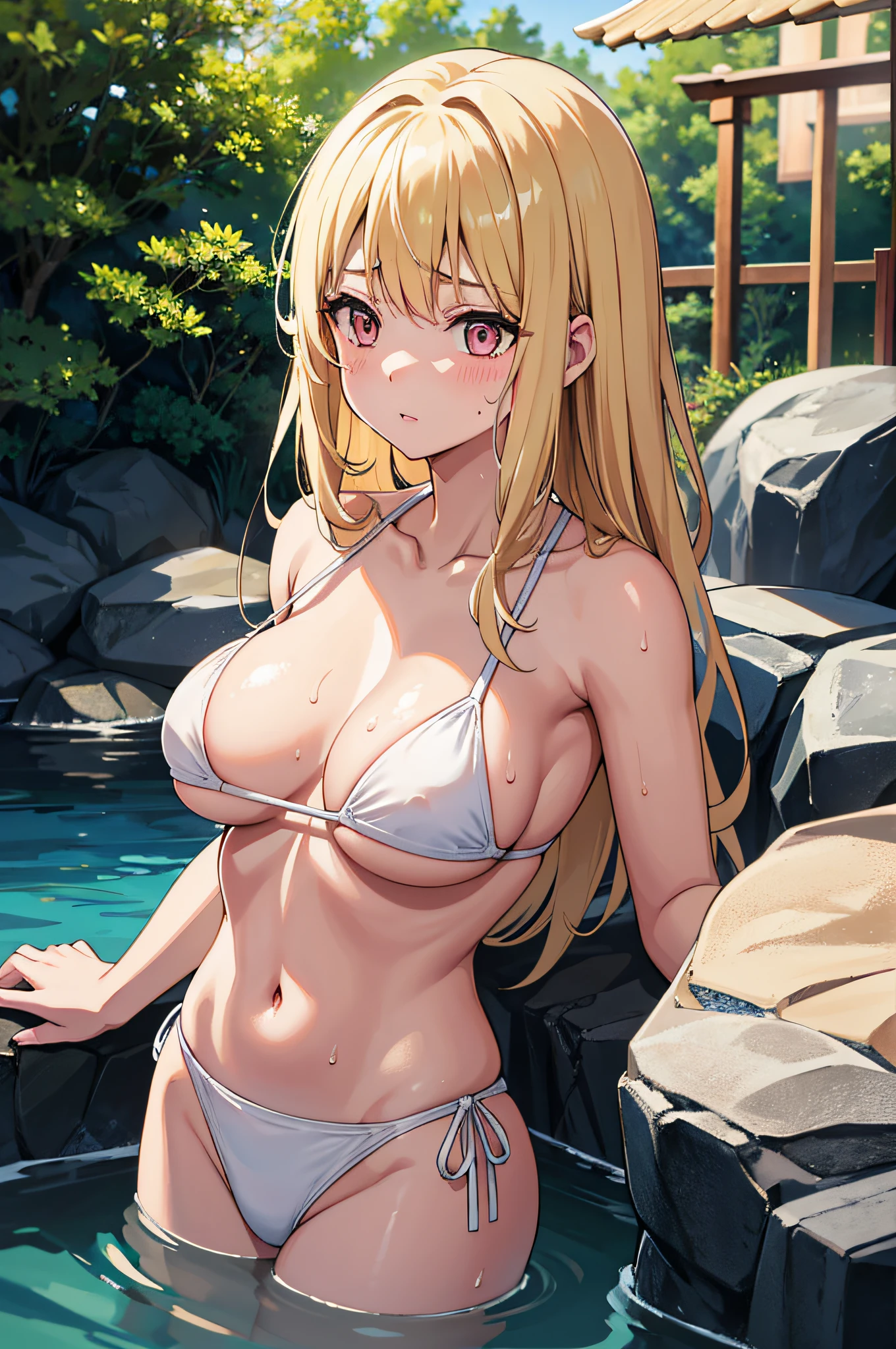女の子1人、flaxen hair、Long hair、Align your bangs、flaxen eyes、I'm skinny、White Bikini、Wet and sheer bikini、large boob、japanese onsen、Nokezoru、Glowing skin、full of sweat、full of sweat、Glowing skin