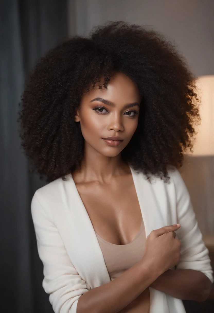 Beautiful dark light-skinned woman with a long kinky afro hairstyle, Front photo of the influencer looking left with her hands crossed and bent in front of her, Almost no emotion. Watch directly on camera. Arms are crossed in the front round rib cage,Leggings unis noir, Setting up In the manufacturing office (with a hot press) sur paris