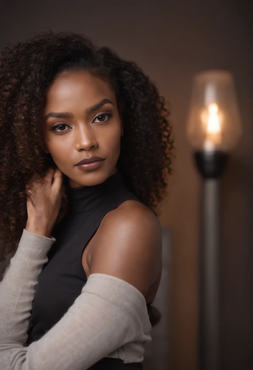 (best quality,highres),African-American female,green knitted see-through body suit,beautiful detailed eyes,beautiful detailed lips,long eyelashes,dark curly hair,confident expression,natural light,portrait style,vivid colors,sharp focus,ultra-fine painting,detailed skin texture,feminine pose,studio lighting,photorealistic aesthetic.