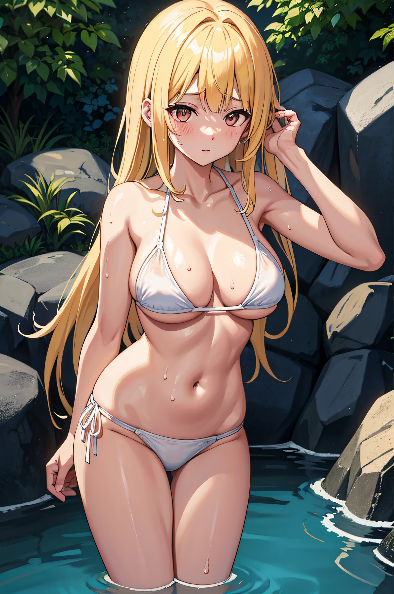 1人、flaxen hair、Long hair、Align your bangs、flaxen eyes、I'm skinny、White Bikini、Wet and sheer bikini、large boob、japanese onsen、Nokezoru、Glowing skin、full of sweat、full of sweat、Glowing skin
