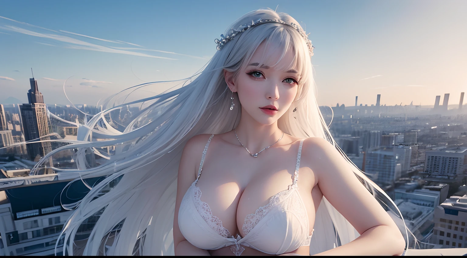 8K high-definition,A beautiful girl,Sexy goddess,Bigchest,Sexy outfit,Wear white lace,With silver,Snow-white skin,Feminine pose,Fly in the air,Strange sky,8K high-definition,mirage,Over large cities,modern urban,Buildings,Giant statue,The sky is full of auspicious clouds,