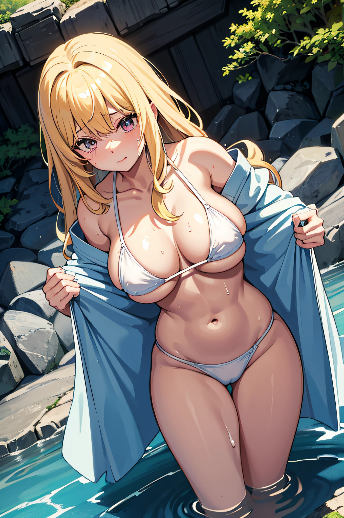 1人、flaxen hair、Long hair、Align your bangs、flaxen eyes、I'm skinny、White Bikini、Wet and sheer bikini、large boob、japanese onsen、Nokezoru、Glowing skin、full of sweat、full of sweat、Glowing skin、Warm water