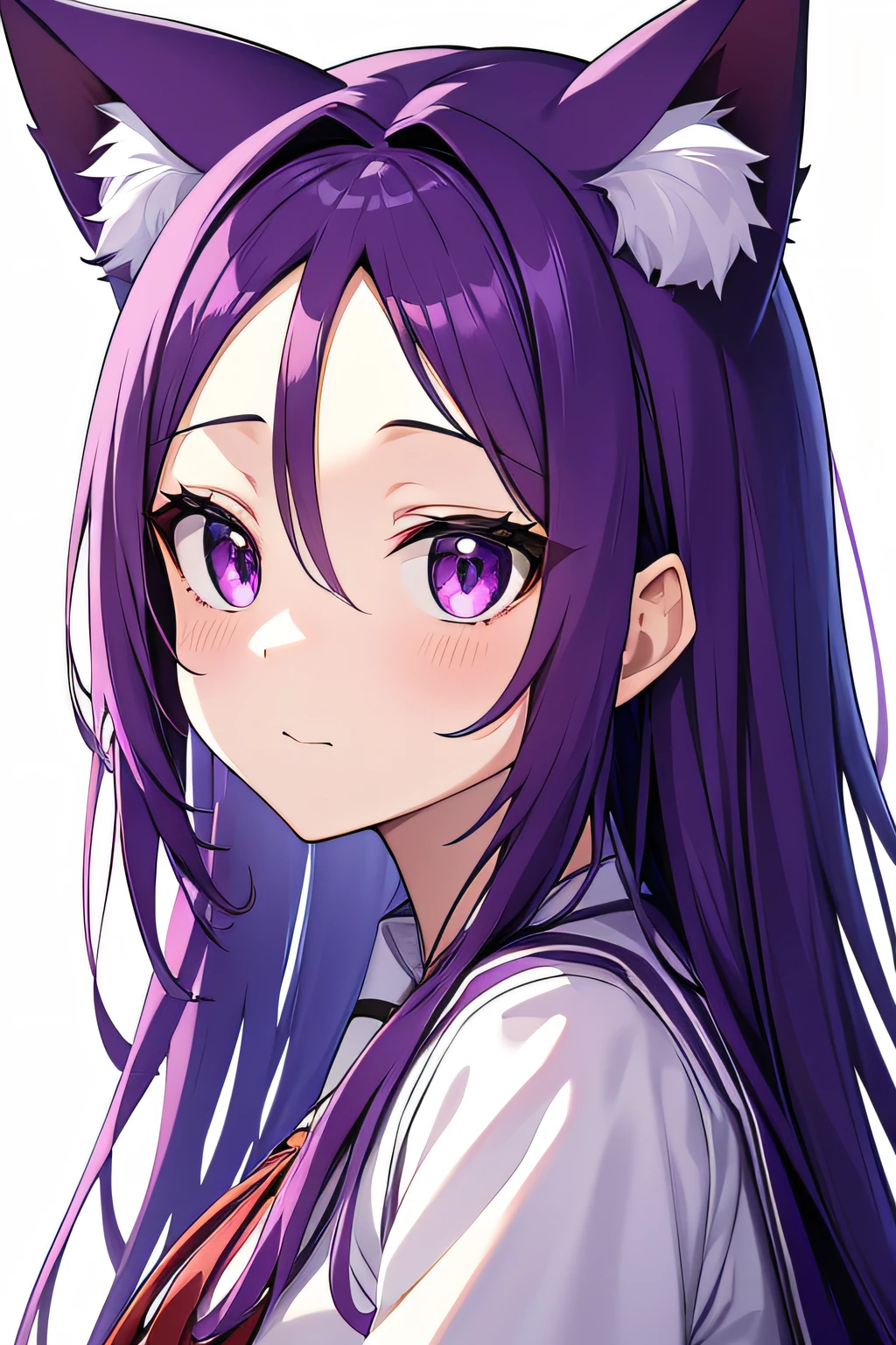 masutepiece、hightquality、high-level image quality、in 8K、Efi's Cosplay、personification、girl with、elementary student、Purple clothes、purple color hair、Medium Hair、Purple elongated cat ears、White background、Red gems on the forehead