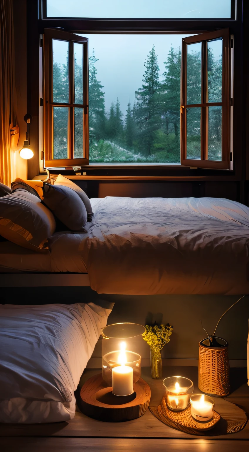 The Alafard small bedroom has a queen-size bed and a large window, large windows to forest at night, night time, Comfortable tree house bedroom, cozy bed, cosy atmoshpere, cozy room, cozy place, cozy environment, nestled in a forest, cozy and calm, Window bed, moody ambiance, cozy and peaceful atmosphere, candels in the room, candle light in room, natural window evening lighting, with backdrop of natural light
