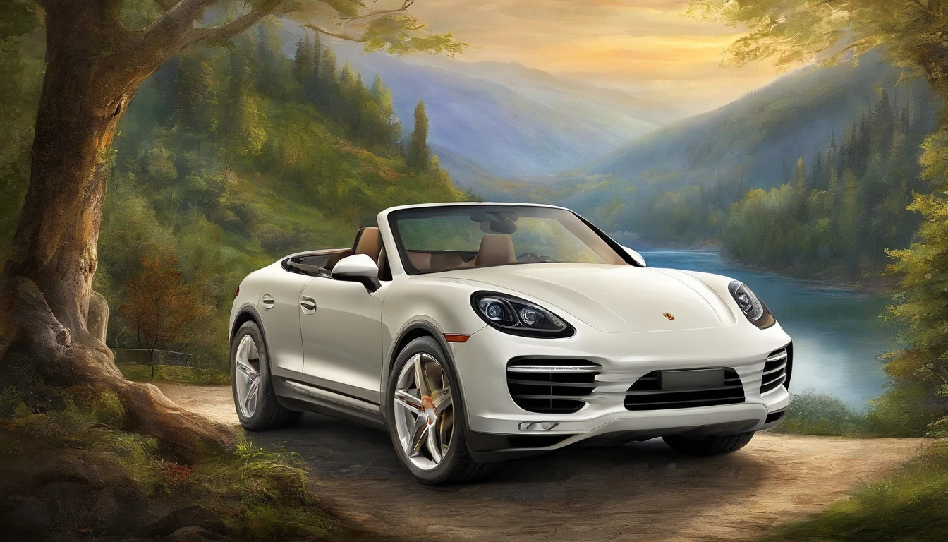 Best quality, painting of a (White Porsche Cayenne), and Blueridge mountain scene with a river and trees, car centered Masterpiece, 超高分辨率, (photograph realistic:1.4), surrealism, Dream-like,fusionart, Shadowdancer, shadow magic,Dilapidated castle in the background