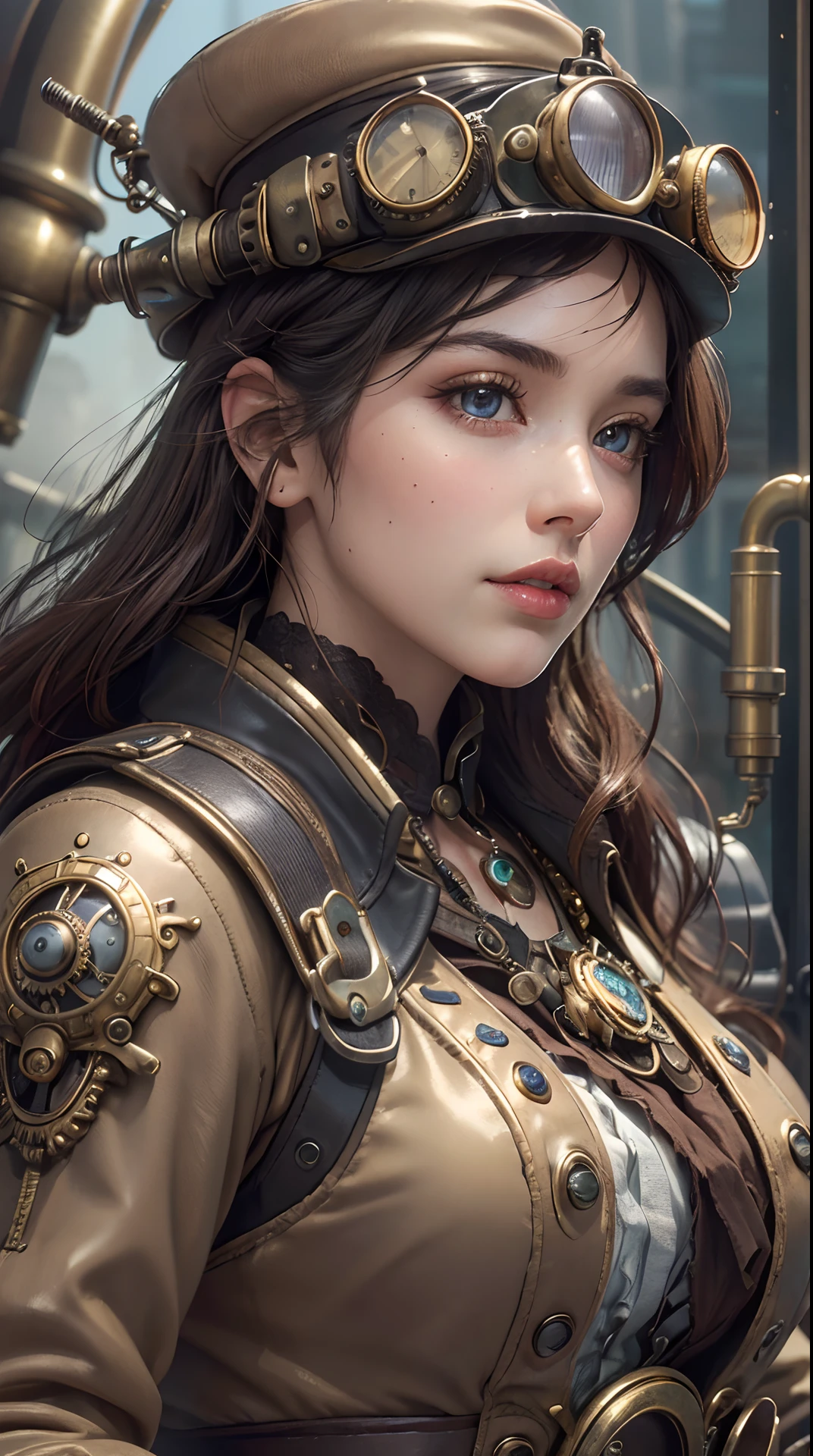 (best quality,4k,8k,highres,masterpiece:1.2), ultra-detailed, (realistic,photorealistic,photo-realistic:1.37), (beautiful detailed eyes, beautiful detailed lips, extremely detailed eyes and face, long eyelashes), studio lighting,physically-based rendering,vivid colors, (steampunk, steam power, retro-futurism, victorian aesthetics, gear and clock gears, bronze, copper, brass, goggles, steampunk airships, adventure and),