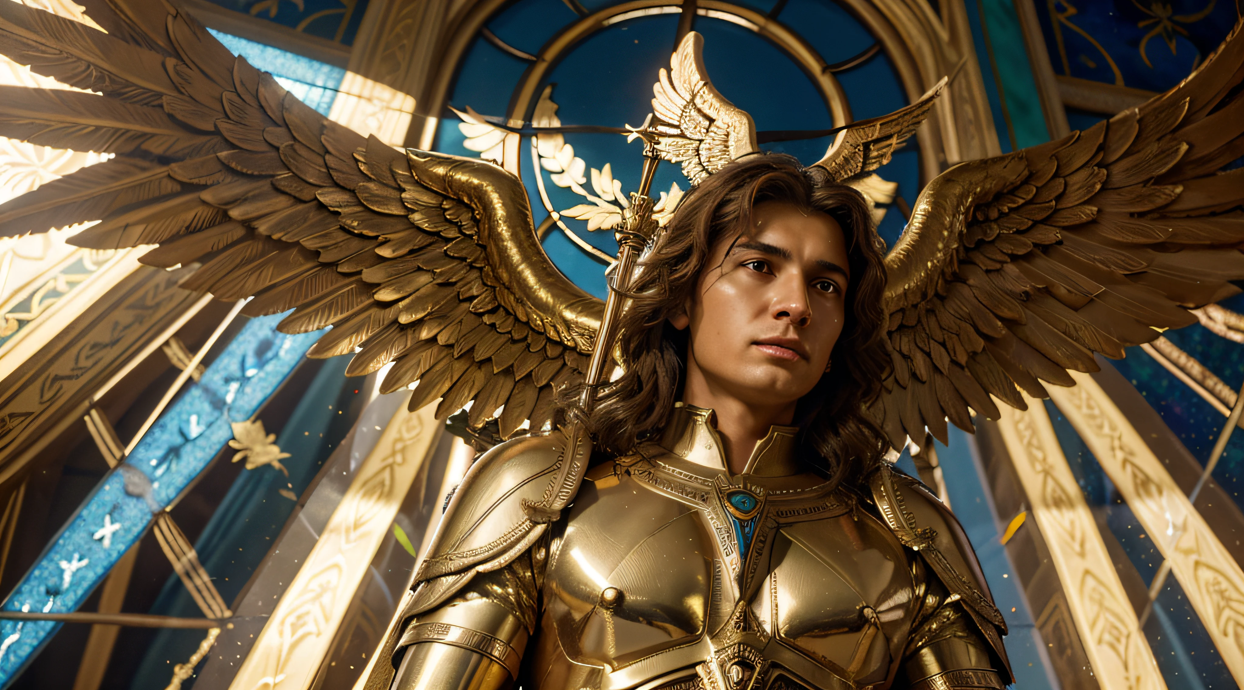 (Surrealist vivid messy oil painting), (brush strokes), arafed boy in a gold outfit with wings and a sword, blue eyes, pale skin, angelic golden armor, full - body majestic angel, archangel, winged boy, angel in gold armor, eros, archangel michael, winged human, epic angel wings, eros and thanatos, grand angel wings, gold wings, young wan angel, attractive male deity, (((oil paintings))), (Vibrant, vivid colours, beautiful, textural, artistic)